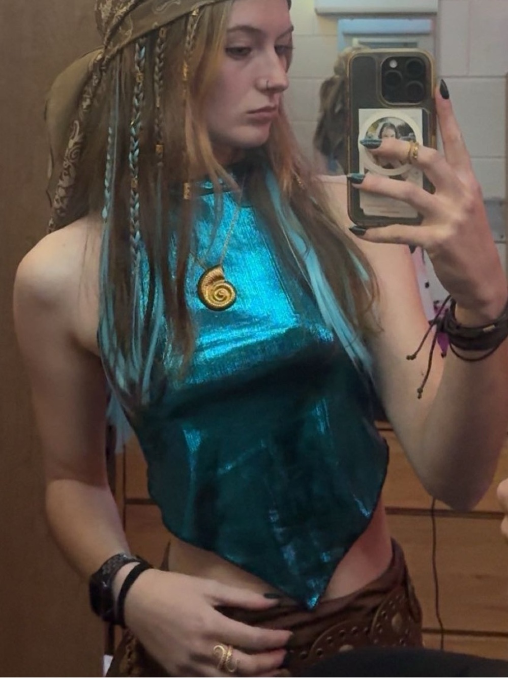 SHEIN Metallic Teal Halter Party Crop Top